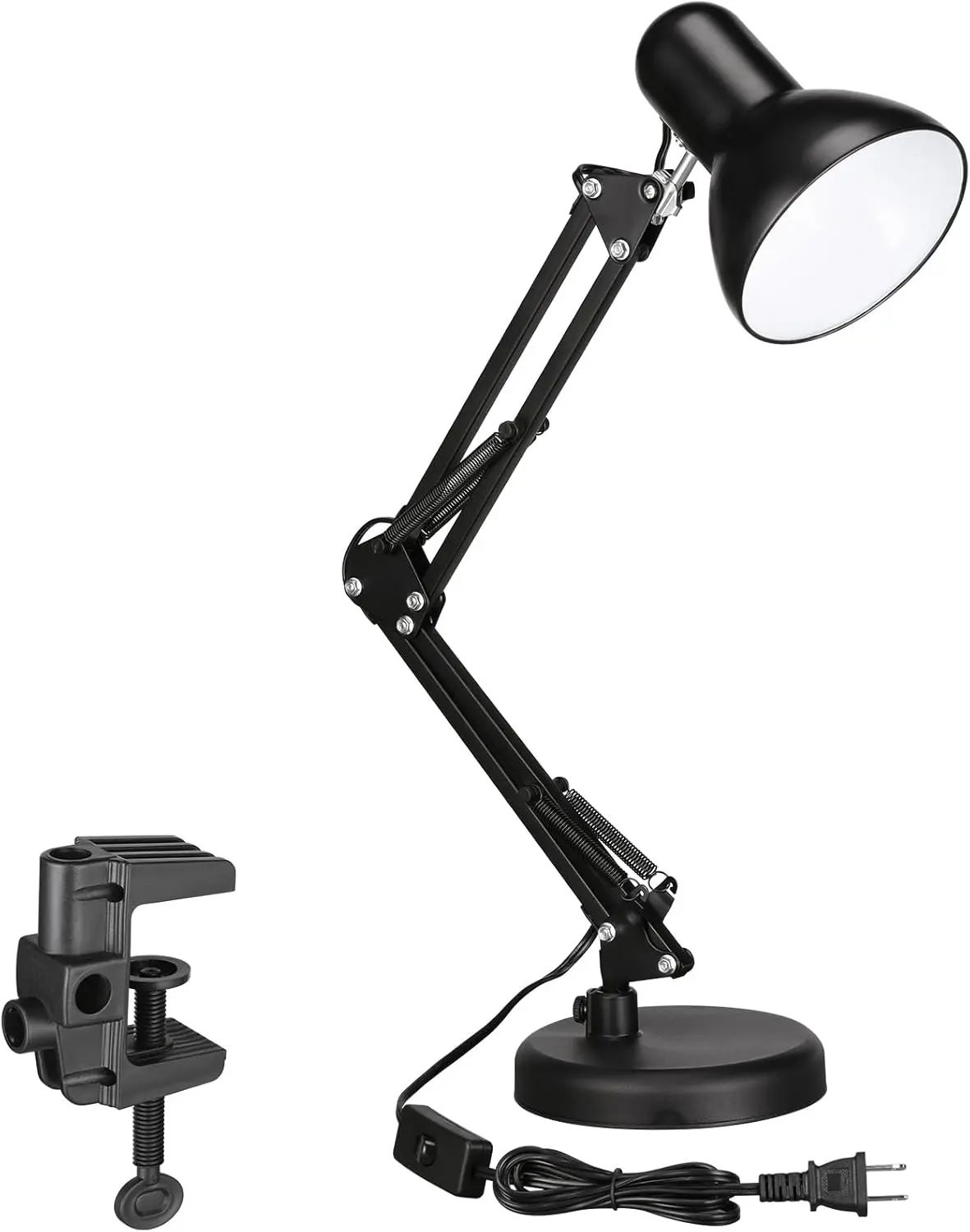 Metal Desk Lamp with Clamp, Swing Arm, Architect Adjustable Gooseneck Table Lamp, Clip Desk Lights for  Office, Work, Study, Reading, E26 Base, Multi-Joint, Black