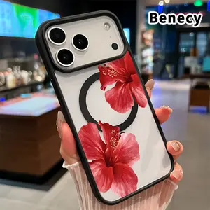 Magnetic Phone case for iPhone 17 16  Pro Max Plus 15 14 13 12 11 Air E Crimson Hibiscus Grace Pattern Non-Yellowing Shockproof Soft Silicone Transparent Acrylic Cover Supports Wireless Charging