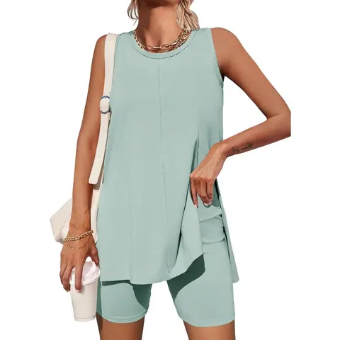 lmily Bela Women's Summer 2 Piece Outfits Sleeveless High Low Spilt Hem Tank Top Biker Shorts Sets Lounge Set Tracksuit