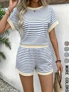Women's Striped Knit Short Sleeve Shorts Set Loungewear Set, Lounge Set Pajamas for Women Casual Summer Homewear, Stripe, Beach Vacation Style, Outdoor Wear Sleepwear Pyjama Set