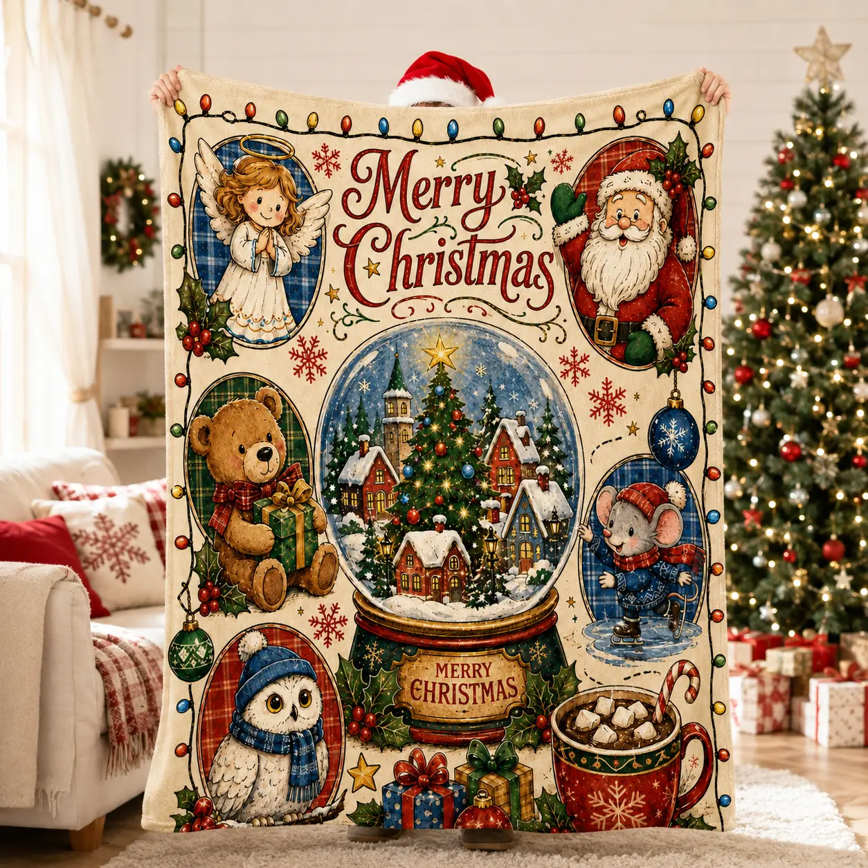 Vintage Christmas Flannel Throw Blanket, Santa Snow Globe Cozy Soft Fleece Blanket, Holiday Animal Winter Decorative Throw for Bedroom Sofa Christmas Home Gift