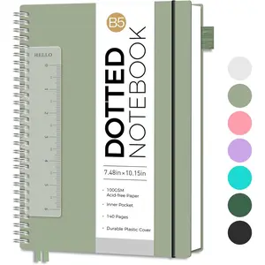 Dotted Journal - Dot Grid Spiral Notebook B5, 140 Pages, 100 GSM Thick Paper,  Plastic Cover Journals for  Journaling, Sketching, 7.6" x 10", Sage Green