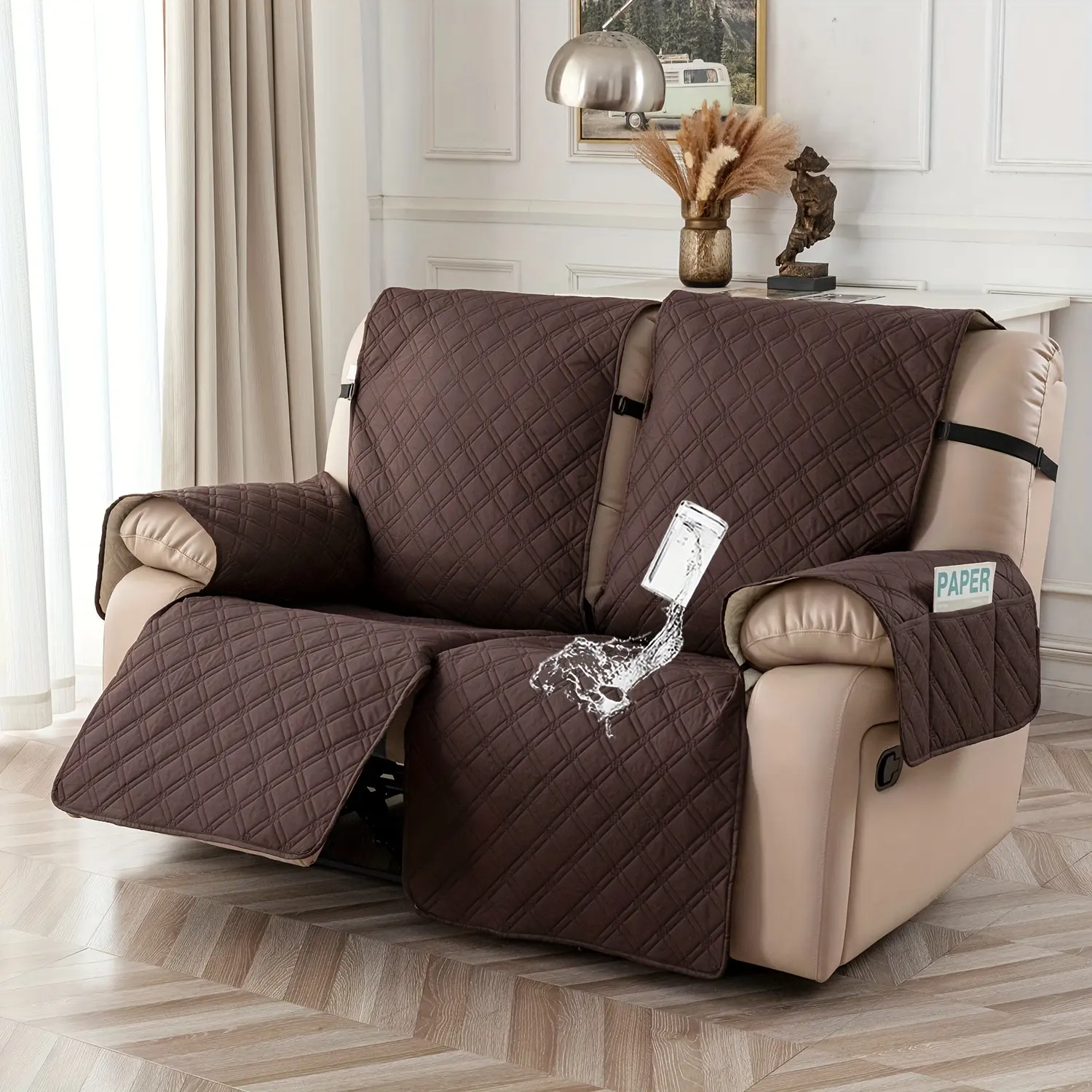 Waterproof Reclining Lounger Cover, Recliner Slipcover and Back Strap, Reversible Armchair Cover, Washable Sofa Protector for Home