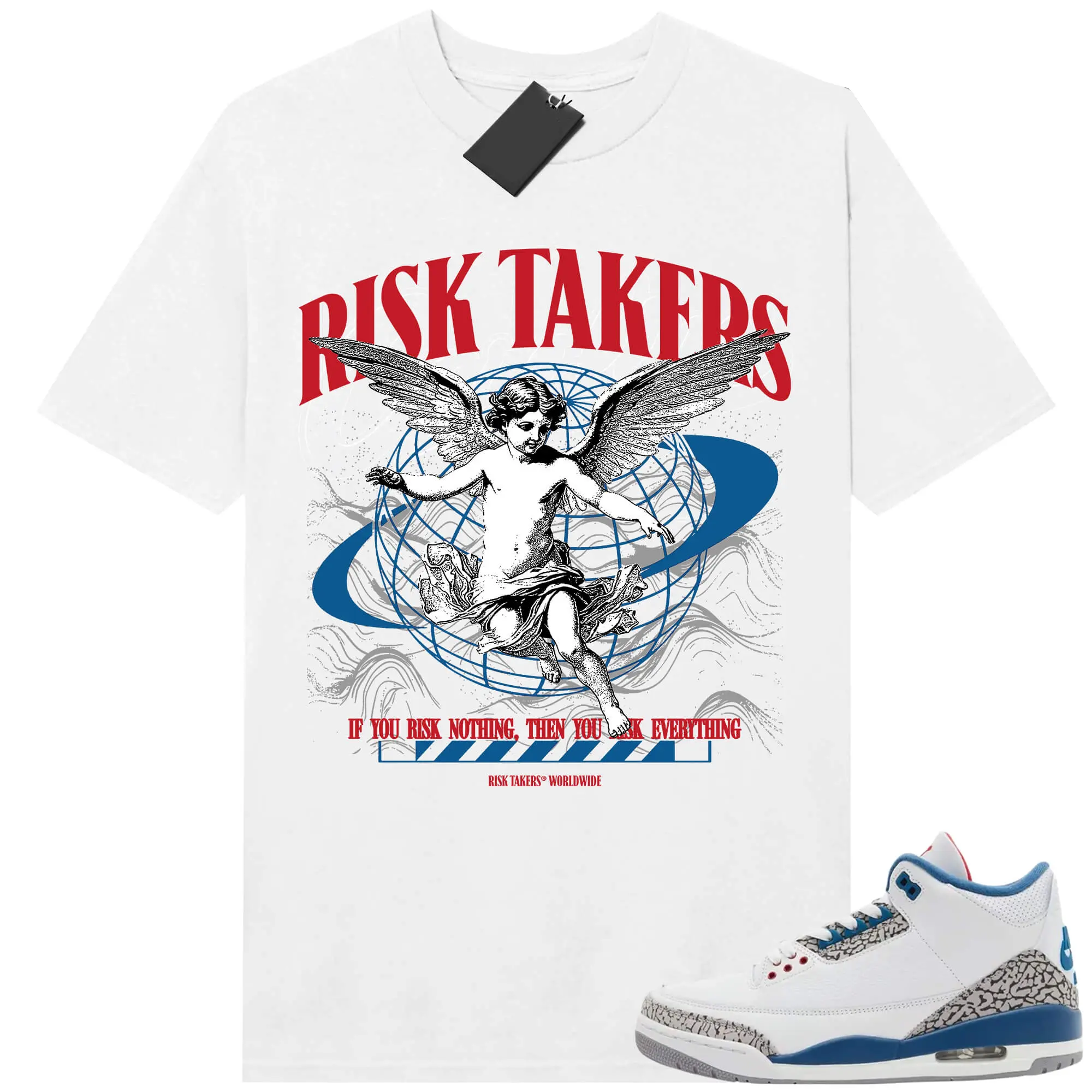 True Blue 3 AJ3 Sneaker Match Tees White Risktakers Worldwide Graphic Shirt Menswear Unisex! Graphic Shirt, Unisex T-Shirt Gift For Women and Man, 90s Hip Hop Tee, Sneaker Head Gift