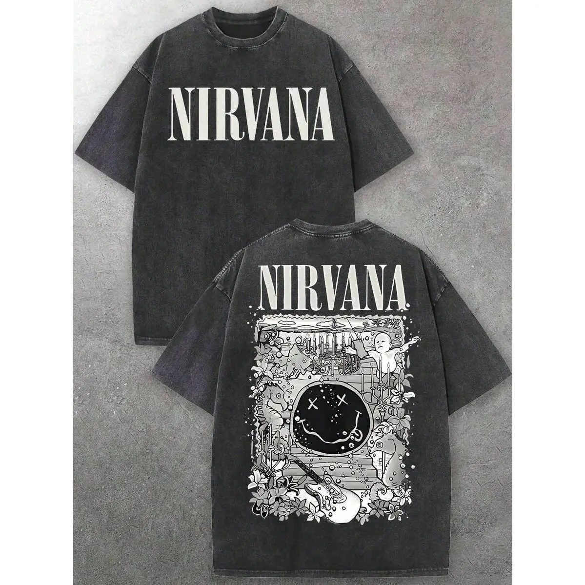 Men's Nirvanas Face & Decorative Graphic Crew Neck Short Sleeve T-Shirt | Soft Washed Fabric | Grunge Rock Casual Outfits | Mens Graphic Tee Street Fashion