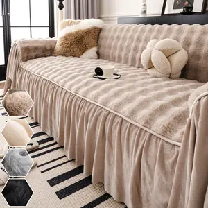 Cream Wind Rabbit Fur Skirt Sofa Blanket, Winter Thick Full Cover Anti-Slip Sofa Cover, Soft Sofa Protector, Cozy and Plush Couch Throw