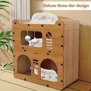 Spacious Cat House for Indoor & Outdoor Use - Multi-Feature Condo with Dual Scratching Boards, Plush Balls, And Ventilation Doors, Ideal for Cats, 21"inch Luxurious Pet Villa with Durable Scratching Surface