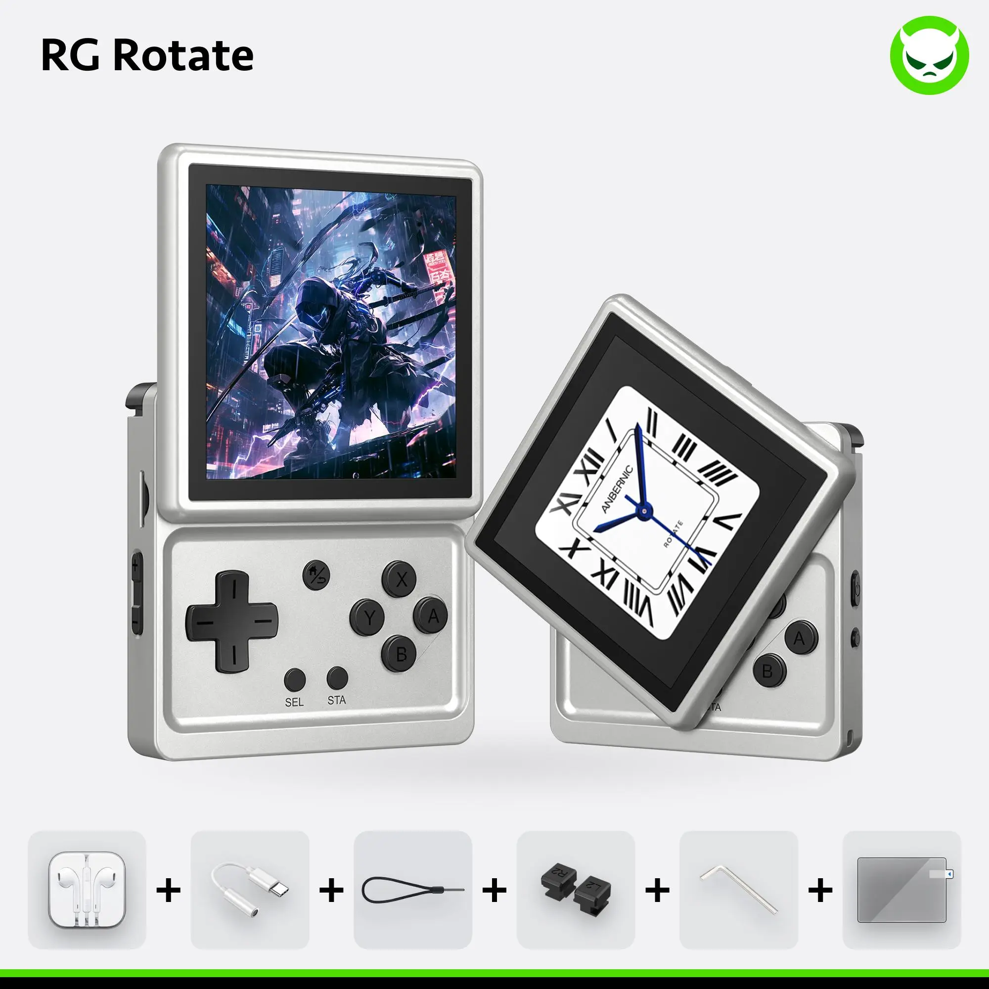 Anbernic RG Rotate【Buy 1 Get 1 Wired Earphone + 1 Pair of High Shoulder Buttons + 1 L-Shaped Hex Key + 1 USB-C Headphone Jack Adapter + 1 Lanyard + 1 Screen Protector】Handheld Console Android 12 3.5-inch IPS Fully Laminated Display 720*720 Ready to Use