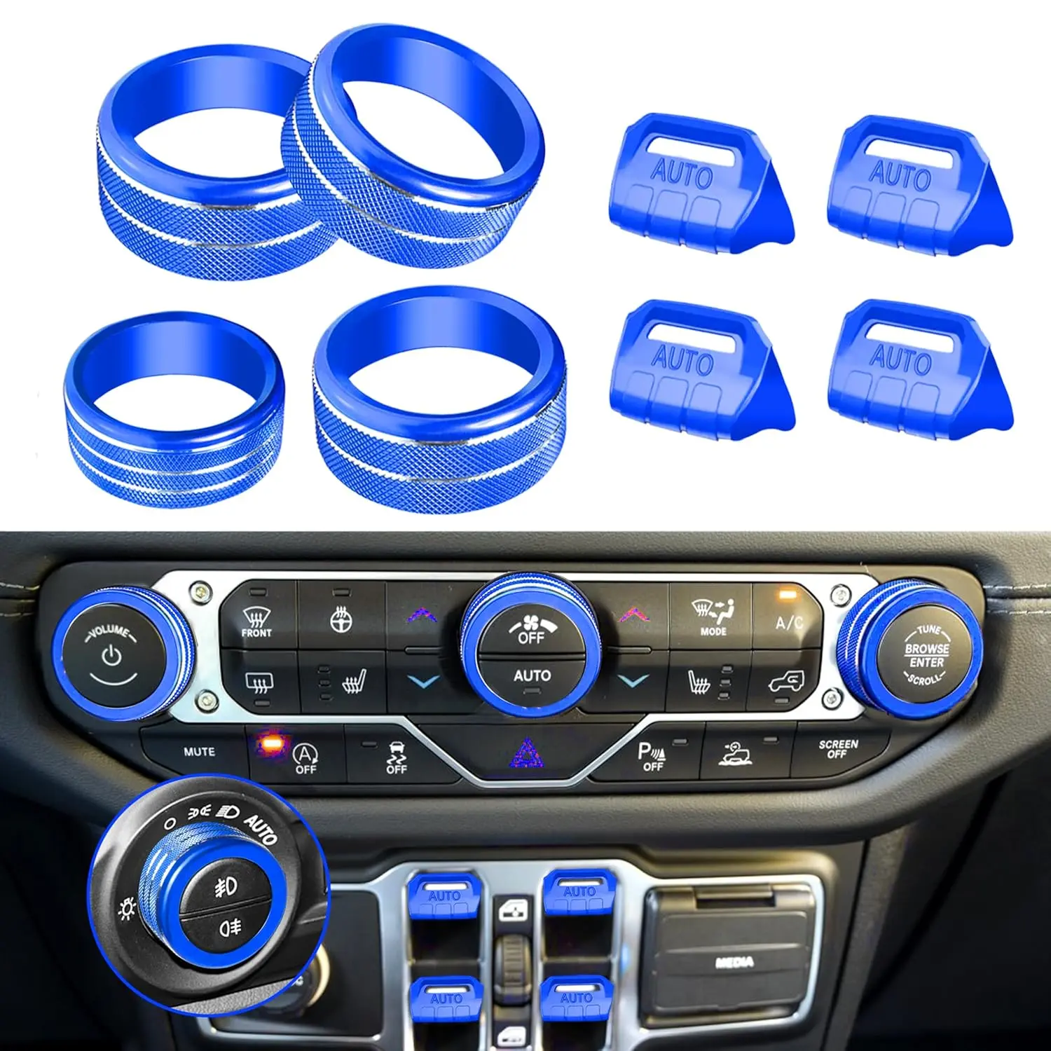 8Pcs Button Knob Covers for Jeep Wrangler JL JLU Accessories 2018-2024 2025 2026 & Gladiator JT 2020-2025 2026 Window Switch Button Cover Volume Radio Tune Air Conditioner Headlight Knob Cover, Blue