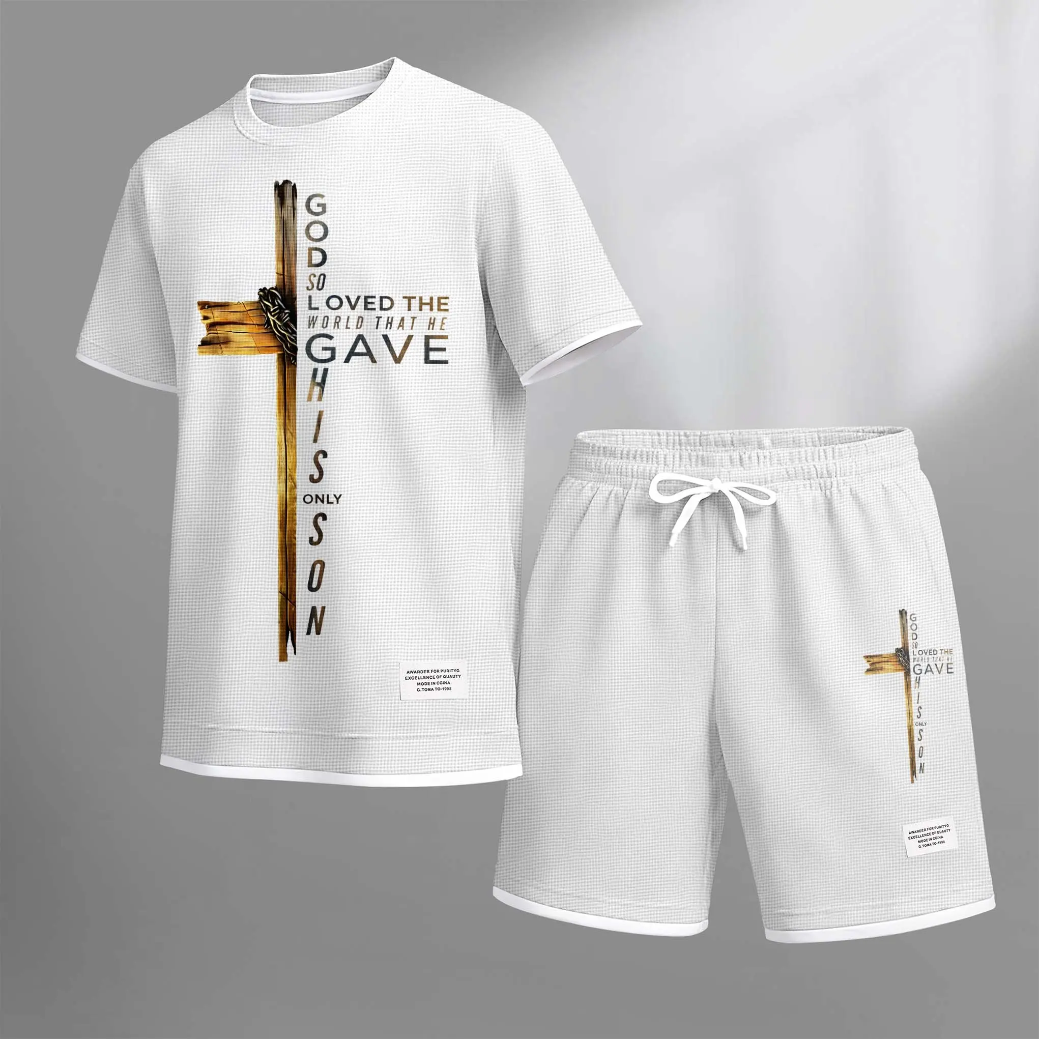 Men's God's Cross Print Drawstring Shorts Set For Spring/Summer. A Casual Summer Outfit, Including A Short-Sleeved Shirt And Shorts, Suitable For Everyday Wear And Sports. A Two-Piece Set For A Relaxed And Energetic Lifestyle.