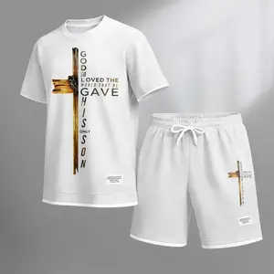 Men's God's Cross Print Drawstring Shorts Set For Spring/Summer. A Casual Summer Outfit, Including A Short-Sleeved Shirt And Shorts, Suitable For Everyday Wear And Sports. A Two-Piece Set For A Relaxed And Energetic Lifestyle.