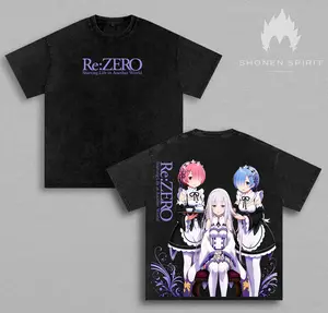 Re:ZERO Starting Life in Another World T-Shirt Washed, Emilia Rem & Ram Graphic Tee, Re:ZERO Anime Washed Shirt, Isekai Fantasy Streetwear, Heavyweight Oversized Cotton Unisex T-Shirt, Gift for Anime Fans