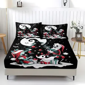 Christmas eve horror pattern fitted sheet,including 1 bed sheet and 2 pillowcases,anti slip dust cover suitable for bedrooms and guest rooms,suitable for personal use or gift giving