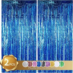 2 Pcs Blue Door Streamers Tinsel Curtain Party Backdrop Fringe Foil Wall Background for Birthday Halloween Christmas Wedding Boys Baby shower Party Decoration 3.28 ft x 6.56 ft