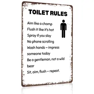 8x12 Inch Aluminum Metal Sign - "TOILET RULES Aim Like A Champ Flush It Like It’s Hot" |   Funny Man Cave & Bathroom Decor, Ideal for Home, Bar, Restaurant, Gas Station, and Public Restrooms |   Hilarious Tin Wall Art, Great Gift for Dads & Friends