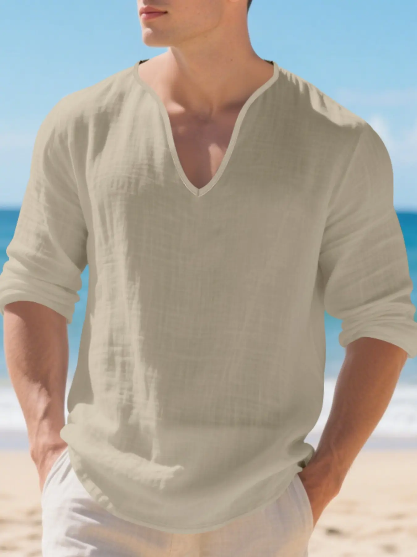Men's American Style Linen Long Sleeve T-Shirt, Casual Deep V Neck Solid Color Loose Fit Top, Spring & Fall Basic Tee, Menswear
