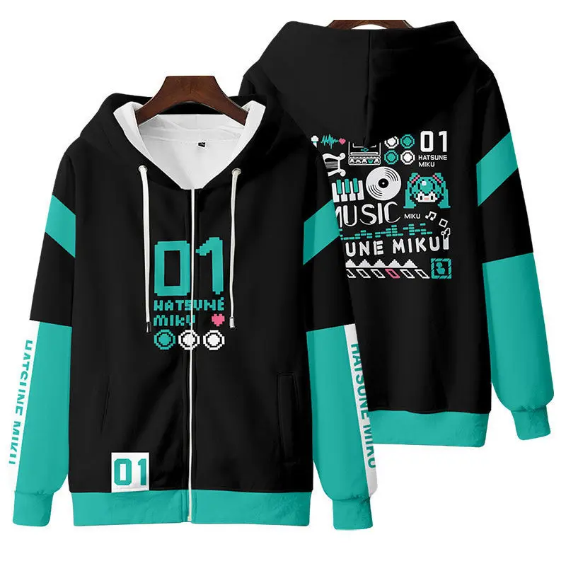 New Anime Hatsune Miku Zipper Hoodie Menswear Sweatshirt - Unisex Japanese Fashion, Loose 3D Printing, Long-Sleeves, Hooded Pullover Clothes, Cosplay Jacket Top, Sweatshirts, Longsleeves, Casual Wear, Anime Theme, Cartoon Style, Polyester Clothes, Digital