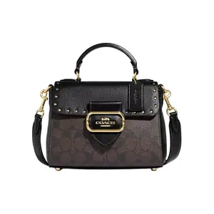 Coach Morgan Series 21 Classic Monogram Snap-Flap Crossbody Bag with Rivet Detail – Small Leather Shoulder Handbag for Women in Brown and Black