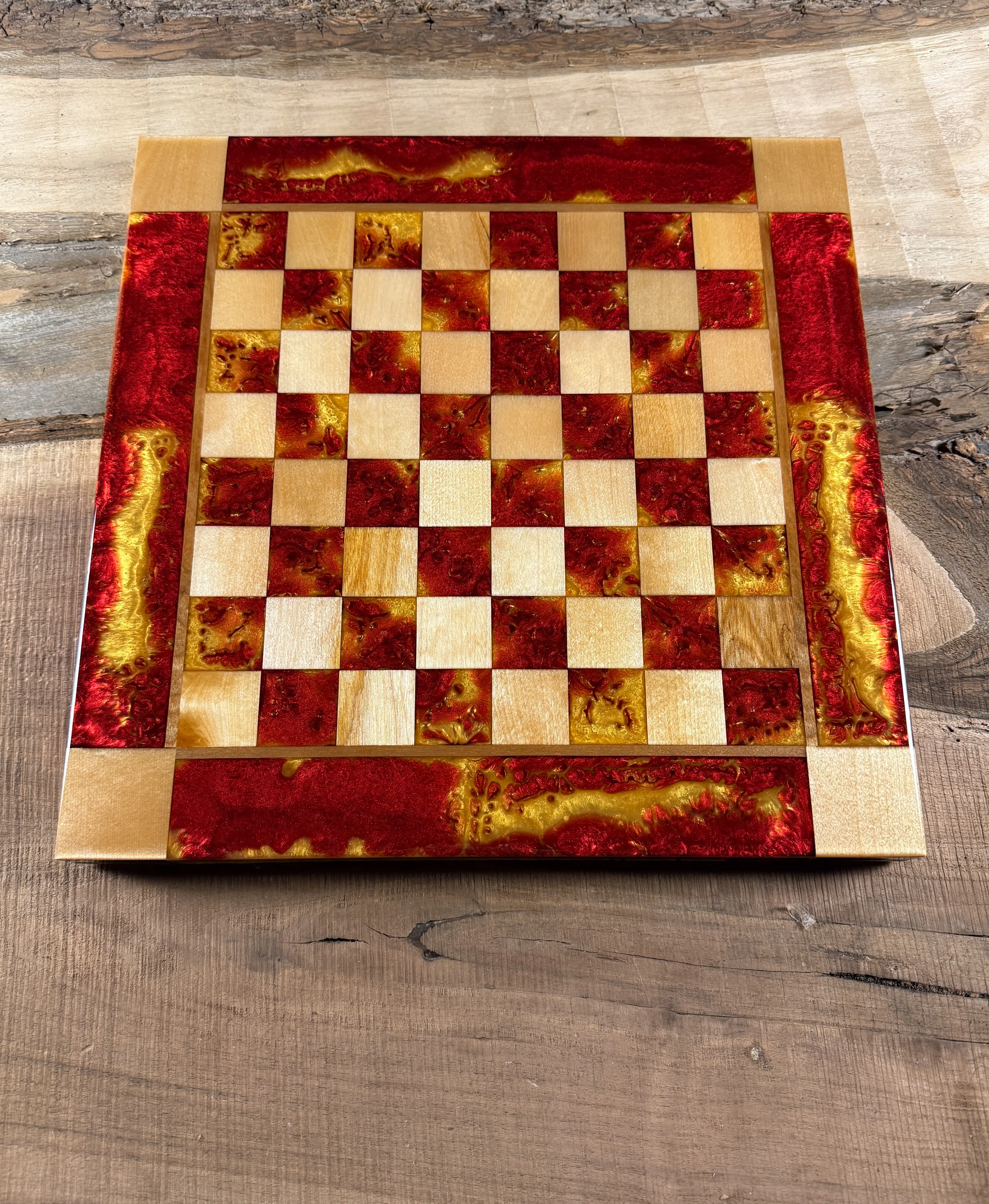 Red Lava Golden Maple Wood Chess Board (Chess Set Included) Red Lava Golden Maple Wood Chess Board (Chess Set Included)