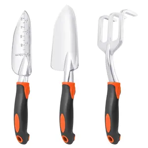 3-Pack Heavy Duty Garden Tools Set – Aluminum Alloy Hand Tools (Shovel, Transplant Trowel & Rake) with Ergonomic Handles for Planting, Digging & Gardening (Orange)