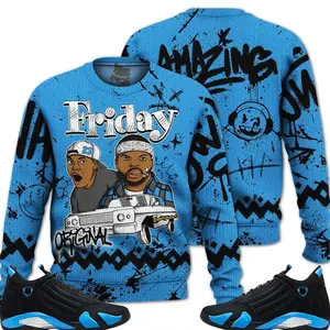 14 University Blue Outfits, Black University Blue 14s Ugly Sweater, Meme Friday Horror Streetwear Unisex Sneaker Matching Shirts