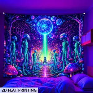 2d Flat, 2d Flat Blacklight Glow in The Dark Tapestry, Neon Aliens and The Forest Design, Wall Hanging for Bedrooms, Living Rooms, and Offices. Game Room Decor, Festive and Party Decor, College Dorm Decor, 2d Flat
