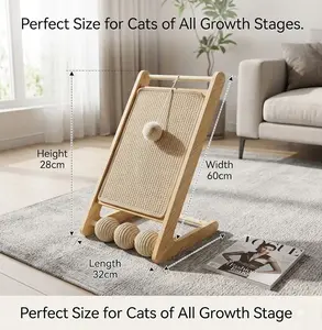 Modern Wooden Cat Scratcher House – Interactive Scratch Board with Hanging Toy and Rolling Massage Balls