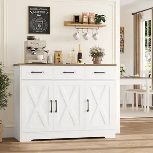 HOSTACK Modern Farmhouse Sideboard Buffet Cabinet, Barn Doors Buffet Storage Cabinet with Drawers and Shelves, Wood Coffee Bar Cabinet with Storage for Kitchen, Dining Room