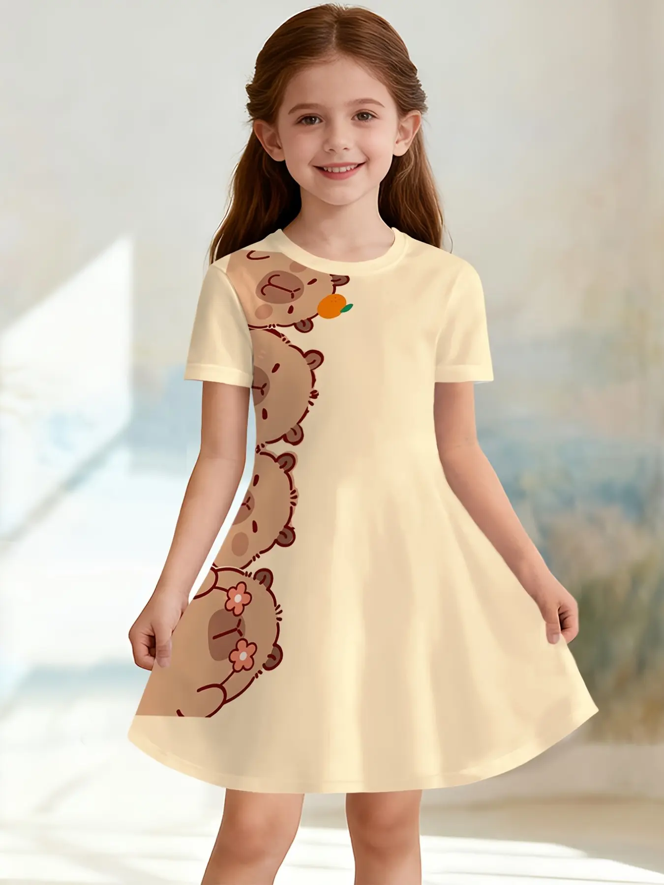 Girls' Capybara Print Dress, Short Sleeve A-Line Summer Dress, Casual Loose-Fitting Clothing, All over Print Style, Fun Summer Ready, Loose Fitting Sundress
