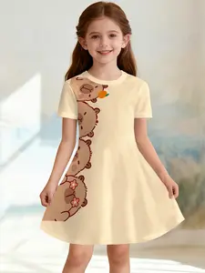Girls' Capybara Print Dress, Short Sleeve A-Line Summer Dress, Casual Loose-Fitting Clothing, All over Print Style