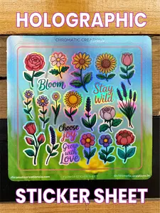 Flower Power Sticker Sheet - holographic waterproof sticker sheet perfect for water bottles tumblers crafts gifts