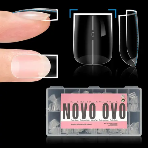NOVO OVO Straight Square Thick Short Natural Nail Tips Press on, No C Curve Sharp Square Soak Off Soft Gel Fake Nail Extension, Full Cover False Nails for Acrylic French, Salon DIY x 15 Sizes 510 pcs