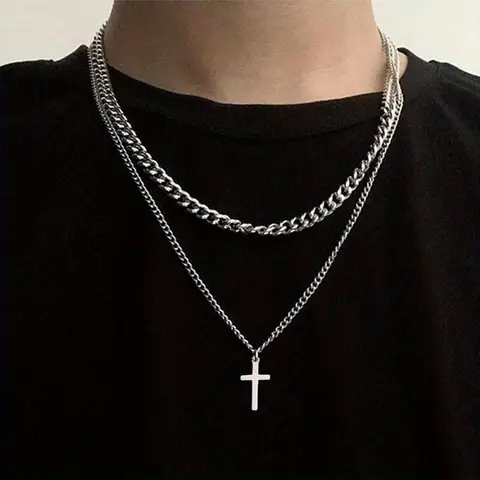2pcs Stainless Steel Titanium Chain Men Necklaces Sporty, Stackable, Durable Flat Link Design with Cross Pendant Modern Necklace Set for Casual Attire