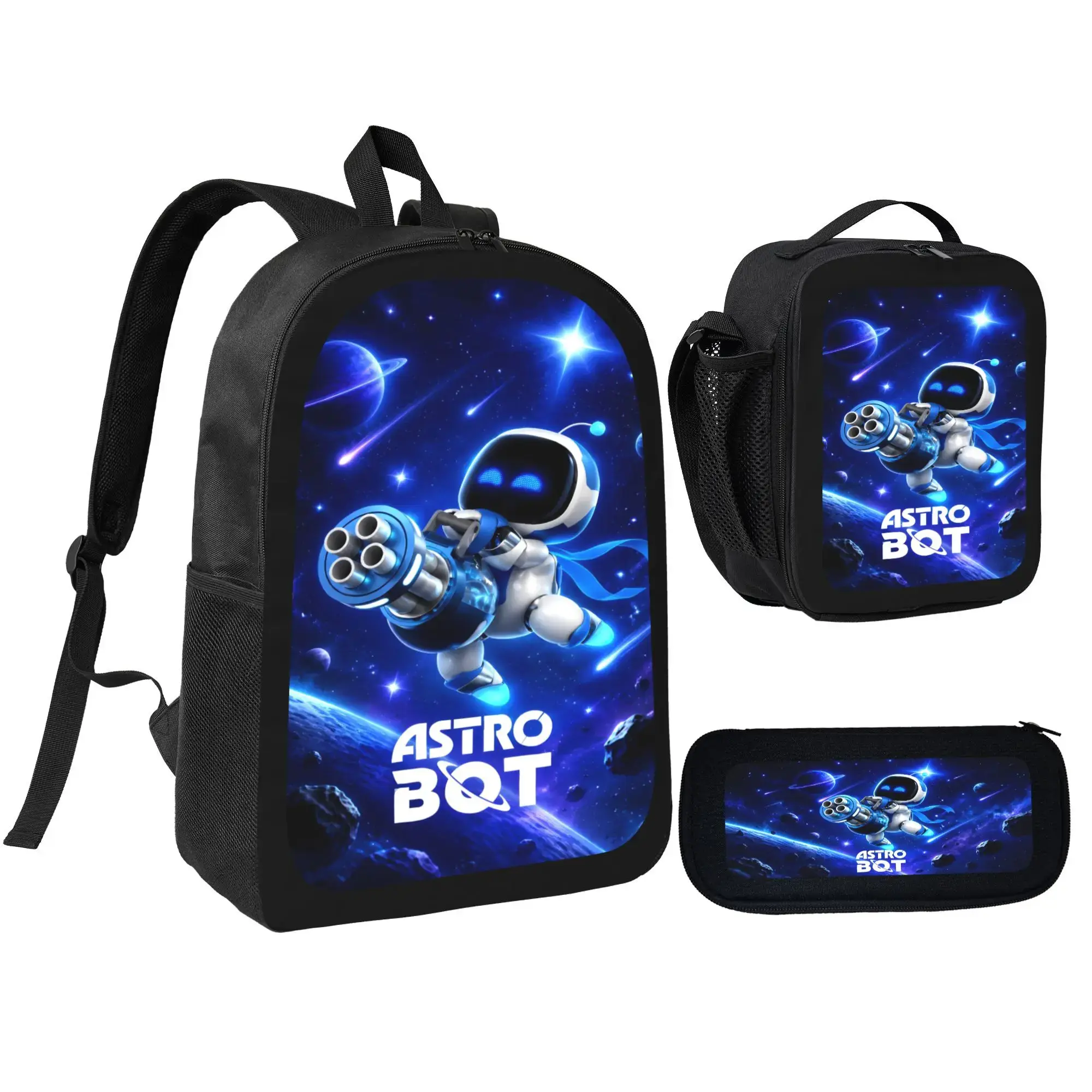 Astro Bot  Backpack 3PCS Daypack Gaming Shoulder Bag Leisure Travel Adjustable Strap Backpacks 17in