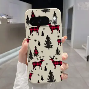 Rounded Edge Phone Case for Google Pixel 10 9 8 7 Pro A XL Plaid Reindeer Scene Pattern Anti-Scratch Shockproof Soft Liquid Silicone Protective Cover Smartphone Casing
