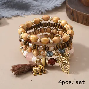 Vintage Green Beaded Stackable Bracelet Set, 4PCS Layered Boho Jewelry with Crystal Tassel, Trendy Accessory for Women Festival & Outfit