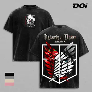 Eren Yeager Attack on Titan Vintage Washed Graphic Tee, Titan vs Human Split Face Design, Scout Regiment Emblem Aesthetic, Dark Anime Manga Style Shirt, Unisex Heavyweight Cotton Streetwear, Gift for AOT Fans