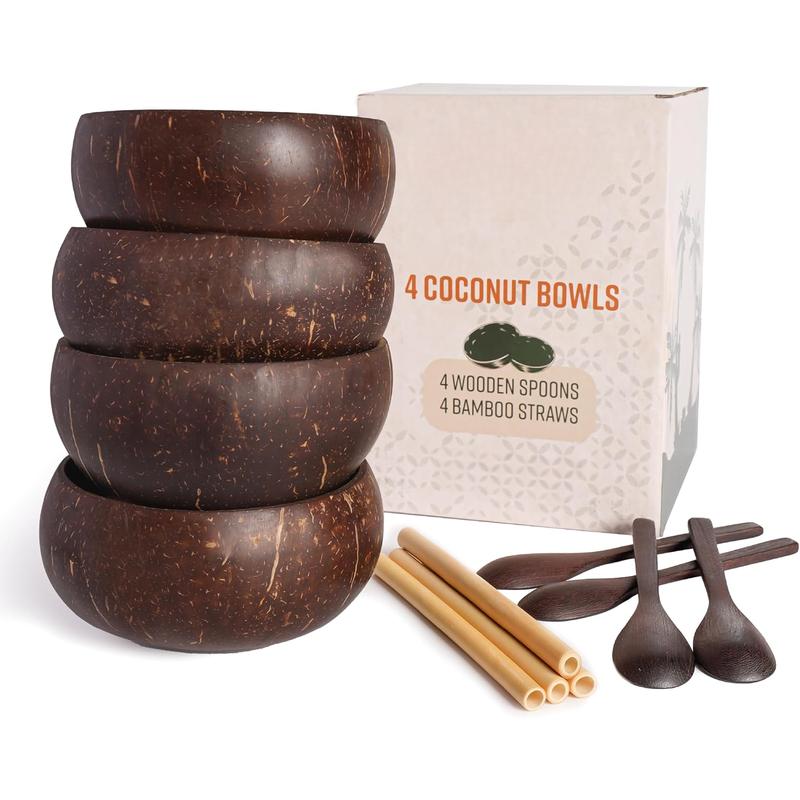 Coconut Bowl with Wooden Spoon and  Straw - Vegan , Made from   Coconut Shells for Smoothies, Acai & Buddha Bowls (4, Polished)
