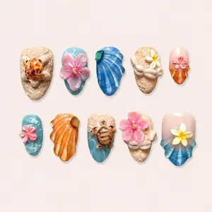 Tropical Sea Turtle Paradise Press On Nails | Beach Shell Flower 3D Fake Nails | Ocean Coastal Summer Vacation Reusable Nail Set for Women