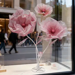 Giant Purple Flowers for Decoration 3-Head Fake Silk Flowers with Standing Stems and Base Large Artificial Flowers for Home Decor Wedding Shop Window Party