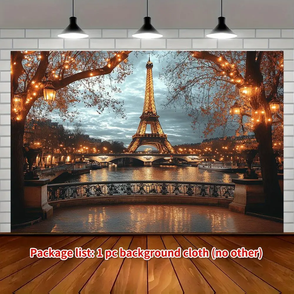 1pc Polyester 2D Flat Eiffel Tower Romantic Backdrop - 179.83×229.83cm Paris Night Cityscape Fabric Decor, Festive & Home Party Banner for Birthday, Wedding Anniversary
