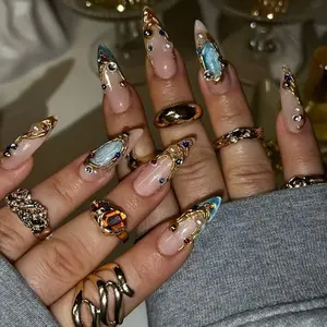 SHEDARES Gilded Heirloom – Luxury Press-On Nails with Sculpted Gold Art, Multicolor Gem Accents & Glossy Nude Base– Perfect for Night Out & Special Events