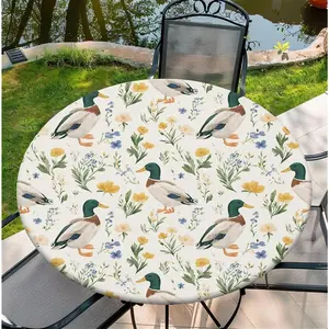 Round Fitted Tablecloth with Elastic Edge, Stain Resistant Waterproof Fabric Table Cover for 53"-60" Round Table, Indoor Outdoor Dining, Kitchen Decor, Camping, Holiday, Party, Mallard Floral