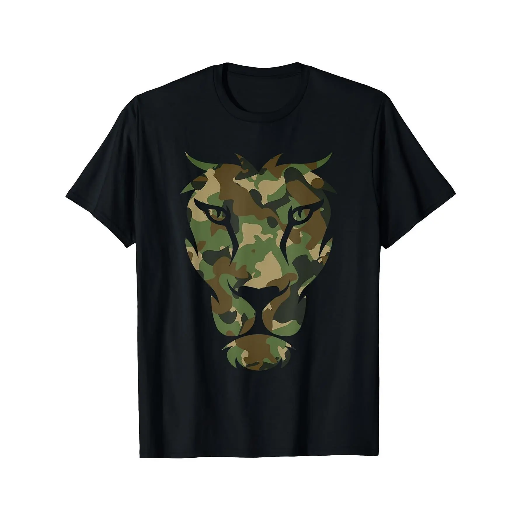 Men'S Camouflage Lion T-Shirt - Made from 100% with a Camo Design in Green, Brown, Beige, Gray, And Black. This Short-Sleeve Round Neck Tee Is Available in Sizes S to XXXL, Perfect for Outdoor Casual Wear And Makes an Excellent Gift for Fathers