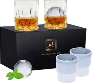 Rocks Glass Set In  Box - Includes 2   Glasses and 2 Big Ice Ball Molds - 10 Oz Old Fashioned Glasses for , , Rum, Cognac,  -   for Men