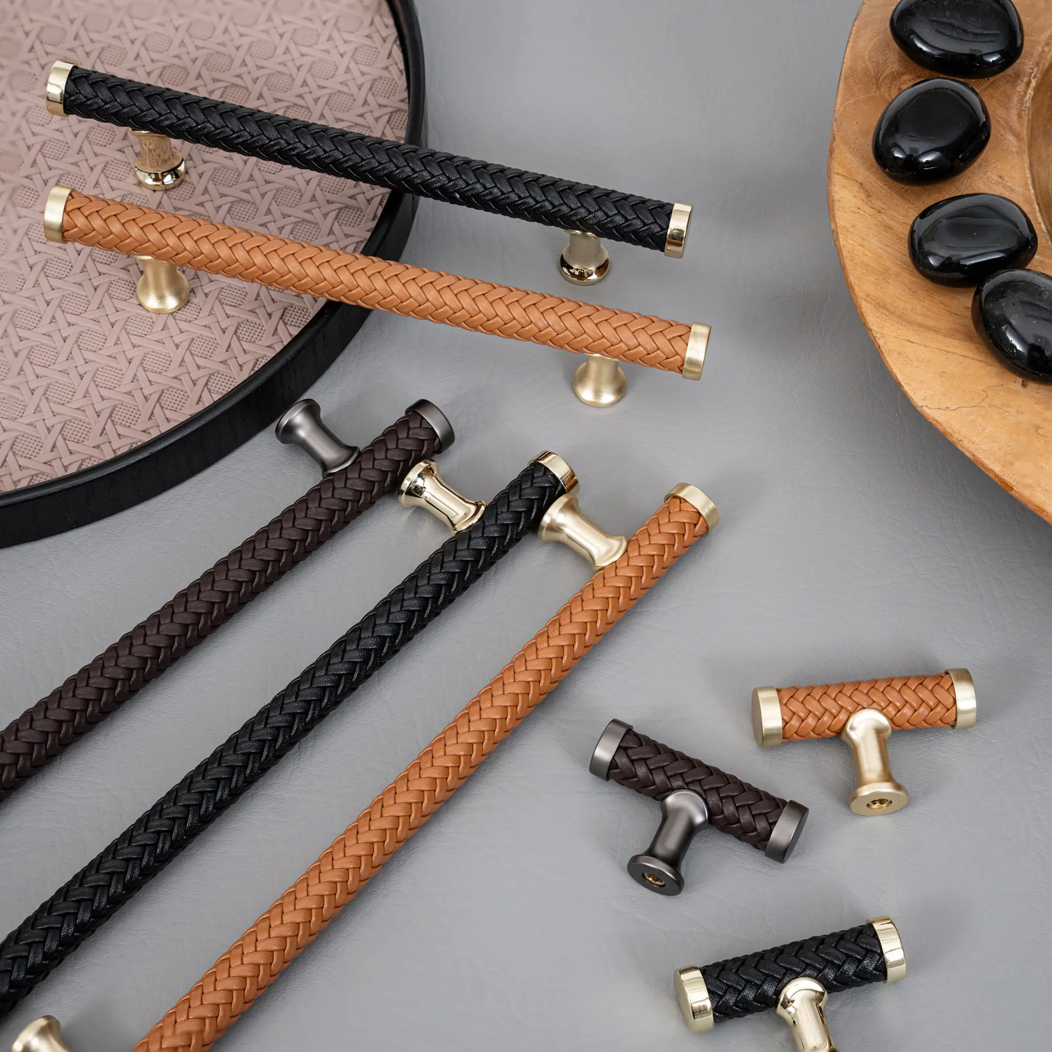 Braided Leather Cabinet Handles with Metal Accents - Luxury & Artisan Design