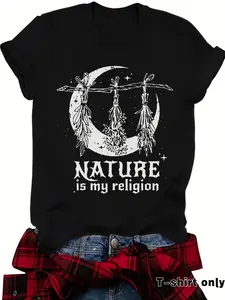 Women's Witch Hat & Moon Print Round Neck Tee, Vintage Trendy Casual Short Sleeve T-shirt Fit for Daily Wear, Ladies Summer Top, Halloween, Womenswear