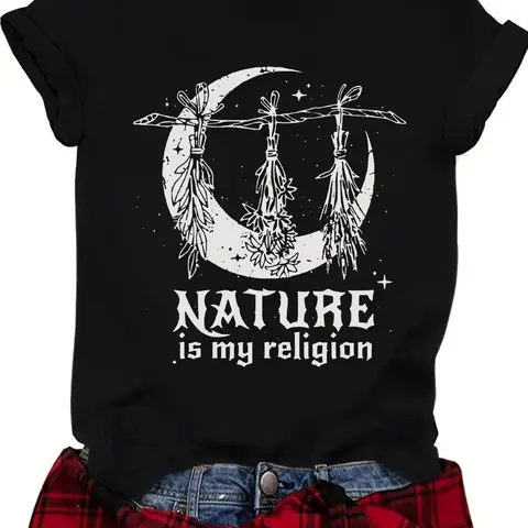 Women's Witch Hat & Moon Print Round Neck Tee, Vintage Trendy Casual Short Sleeve T-shirt for Daily Wear, Ladies Summer Top