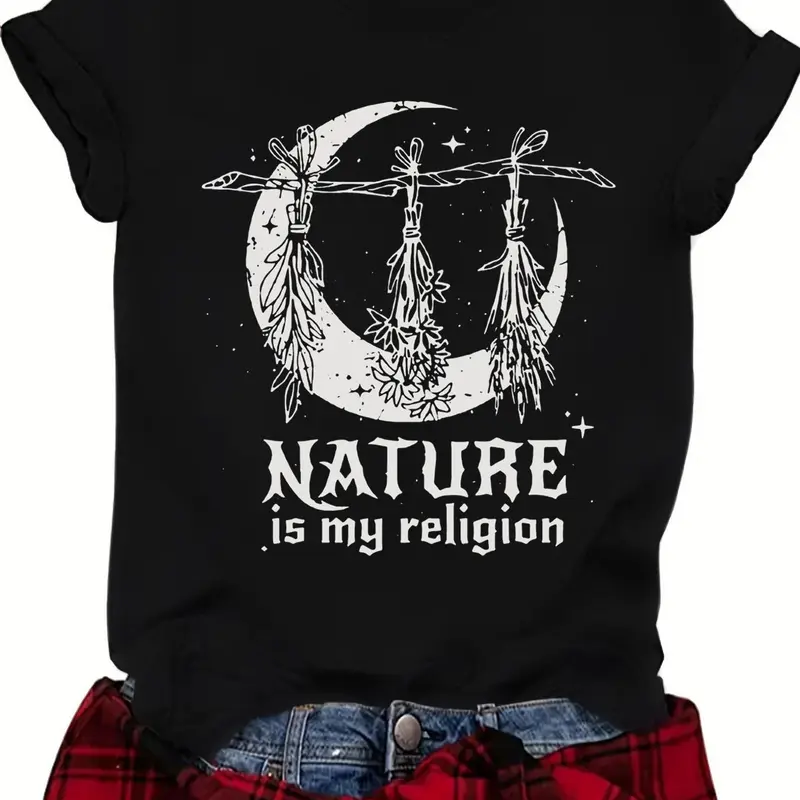 Women's Witch Hat & Moon Print Round Neck Tee, Vintage Trendy Casual Short Sleeve T-shirt for Daily Wear, Ladies Summer Top