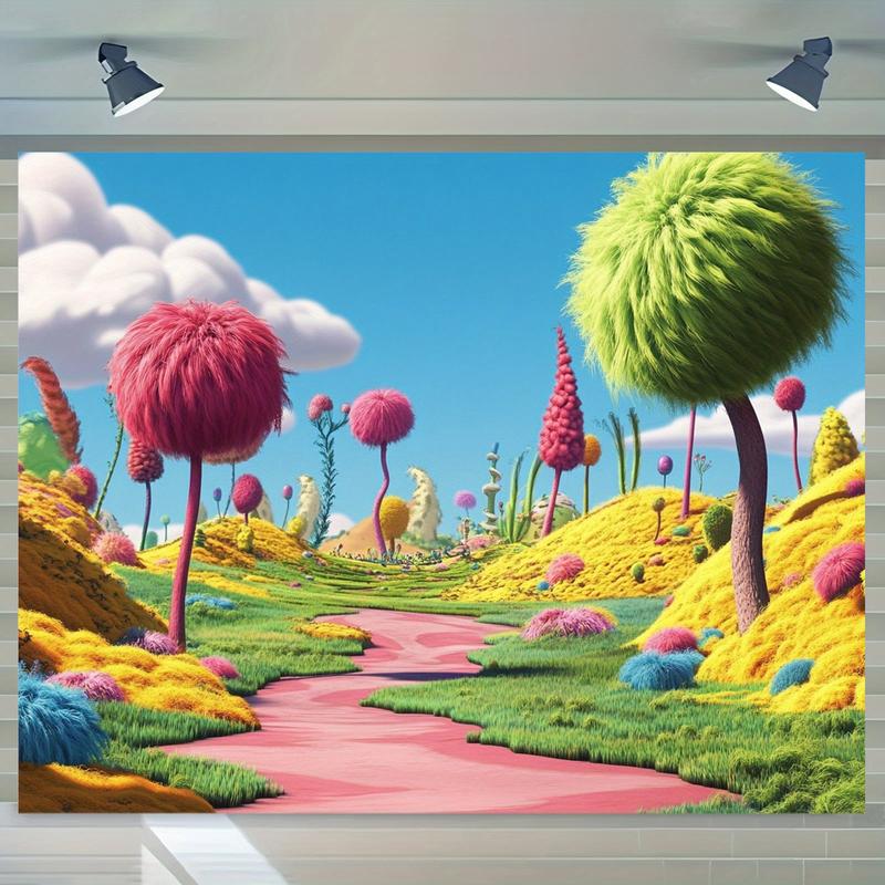 Vibrant Party Banner, Fun Dr Seuss Landscape Design, Trees, Winding Path, Soft Flowers, Indoor Outdoor Decor